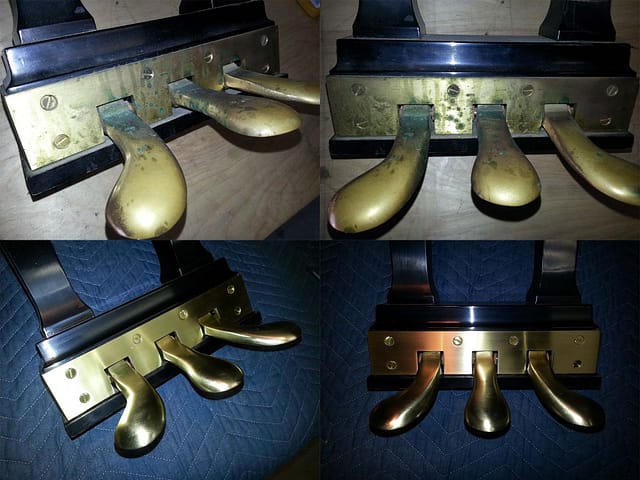 Steinway piano pedals before and after brass polishing showing restored shine